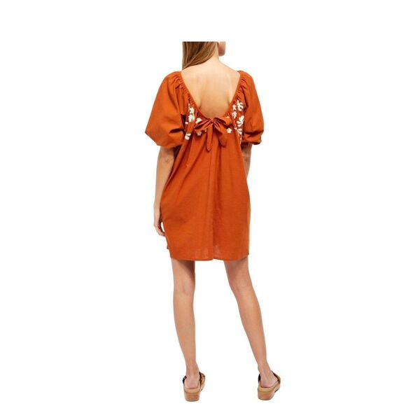 Free People Mini Dress Women Size M Rust Embroidered Puff Sleeve Open Back Boho - Picture 2 of 8